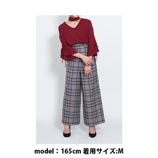 PEPLUM BELT CHECK WIDE PANTS