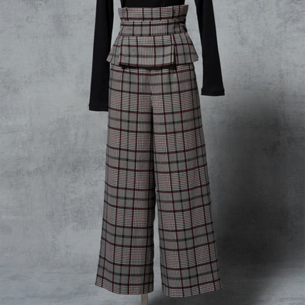 PEPLUM BELT CHECK WIDE PANTS