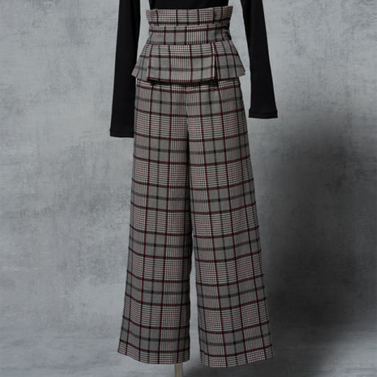 PEPLUM BELT CHECK WIDE PANTS