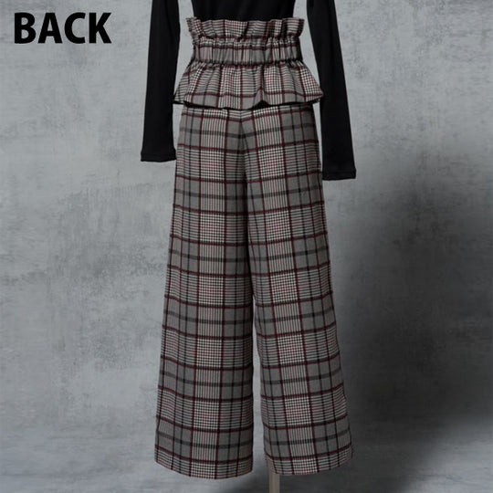 PEPLUM BELT CHECK WIDE PANTS